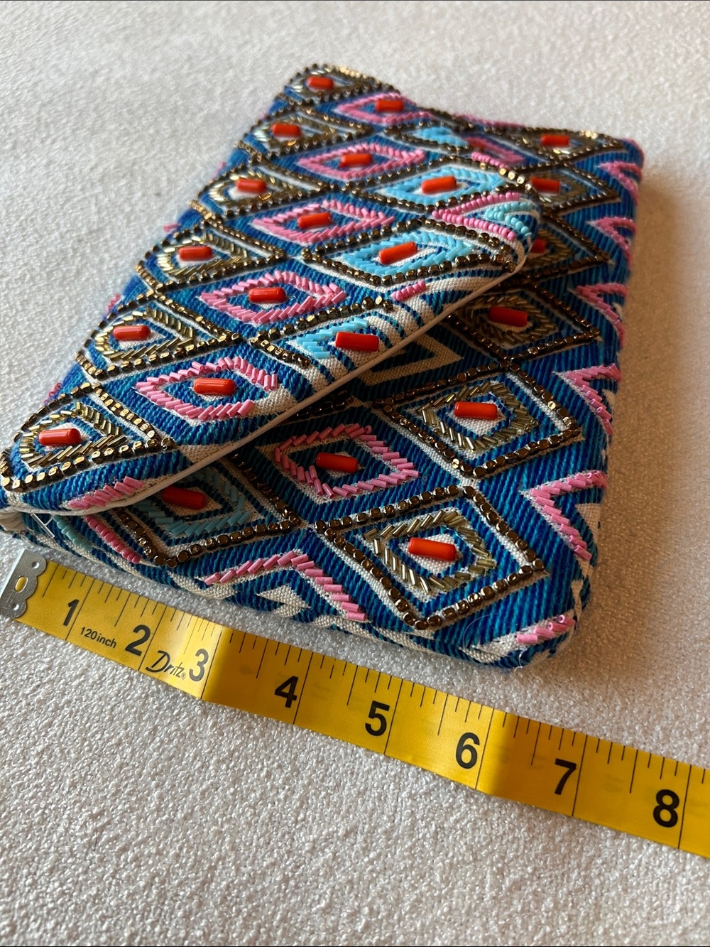 Blue Embroidered Diamond-Pattern Clutch - Picture 7 of 7